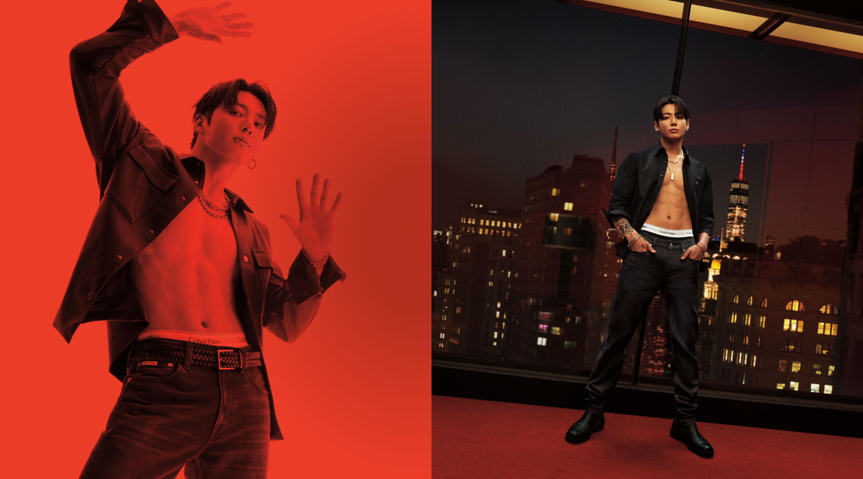 Calvin Klein featuring Jung Kook - Getting Warmer Layer up for the holiday,   the shirt left undone for a flash of skin